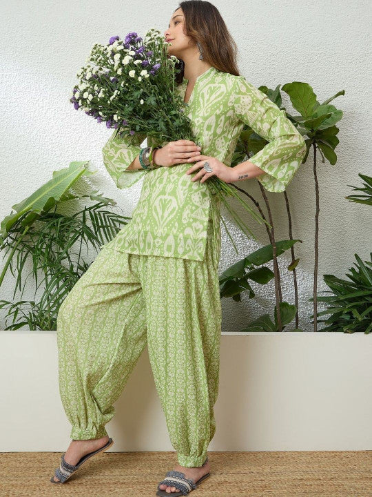 Sage Ikat Cotton Farshi Kurti Set