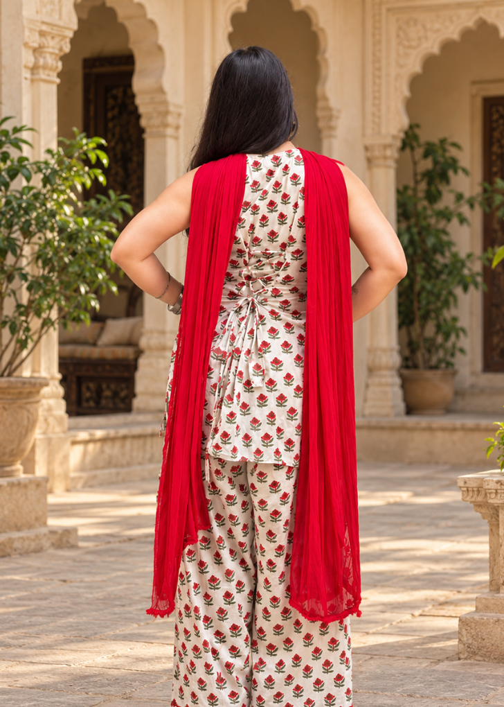 Ivory Floral Printed Kurta Palazzo Set with Red Dupatta