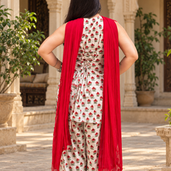 Ivory Floral Printed Kurta Palazzo Set with Red Dupatta