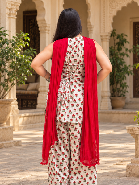 Ivory Floral Printed Kurta Palazzo Set with Red Dupatta