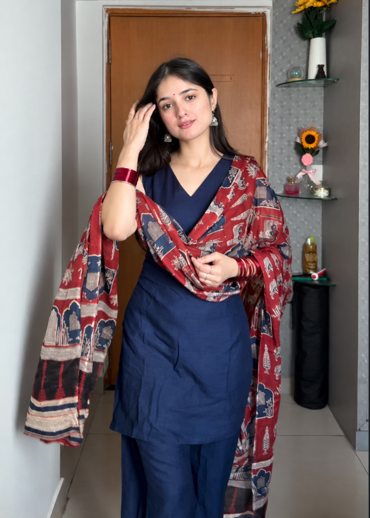 Navy Blue Cotton Blend Kurta Pant Set with Printed Dupatta