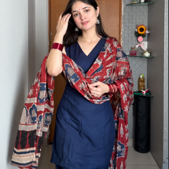 Navy Blue Cotton Blend Kurta Pant Set with Printed Dupatta