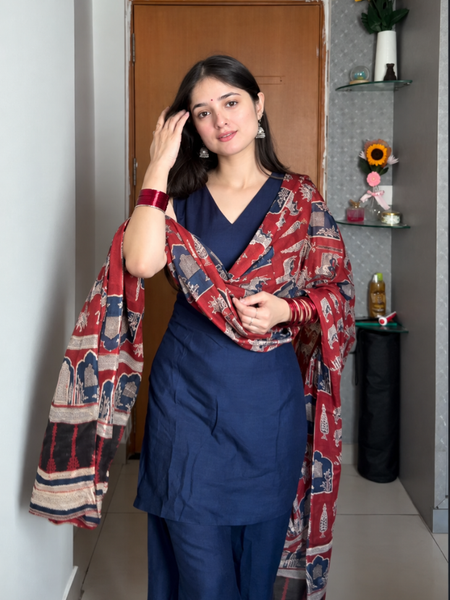 Navy Blue Cotton Blend Kurta Pant Set with Printed Dupatta