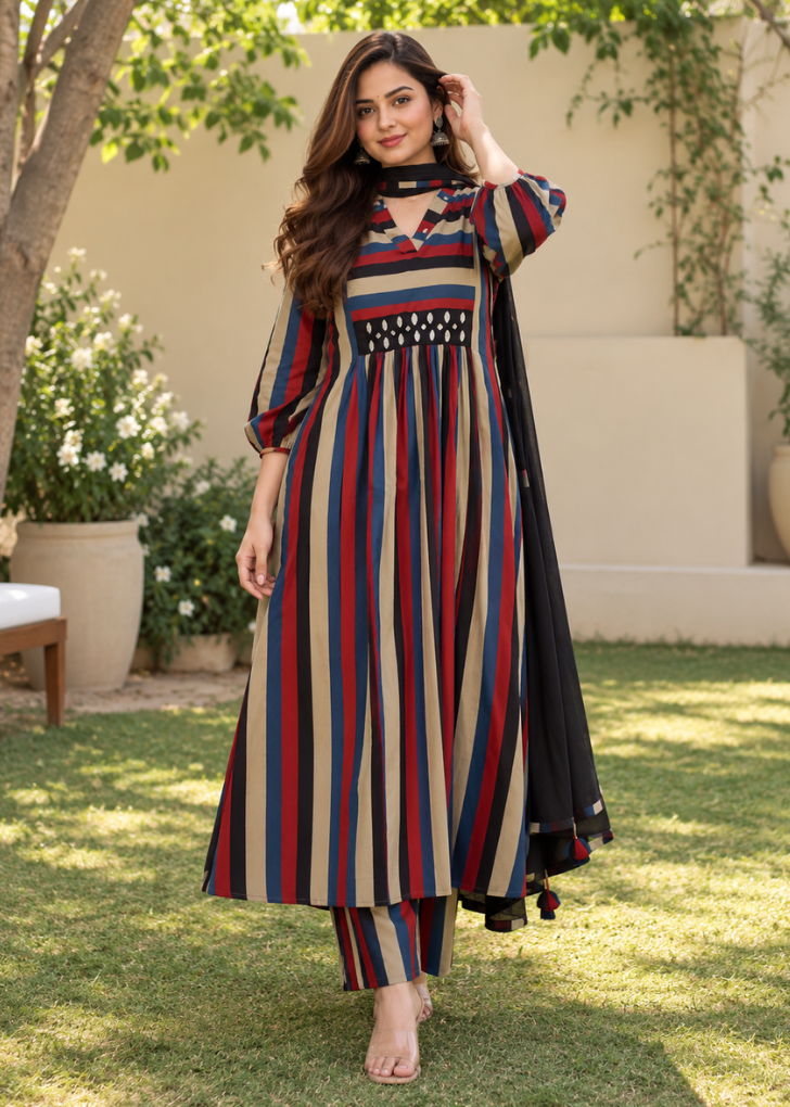 Women’s Multicolor Striped Cotton Cambric Anarkali Kurta Set with Pants & Black Dupatta