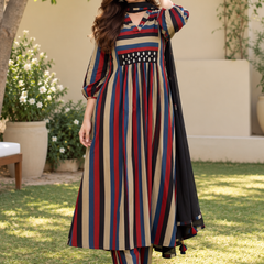 Women’s Multicolor Striped Cotton Cambric Anarkali Kurta Set with Pants & Black Dupatta
