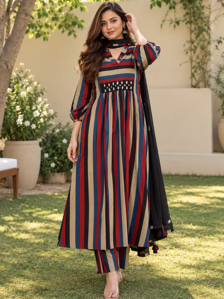 Women’s Multicolor Striped Cotton Cambric Anarkali Kurta Set with Pants & Black Dupatta