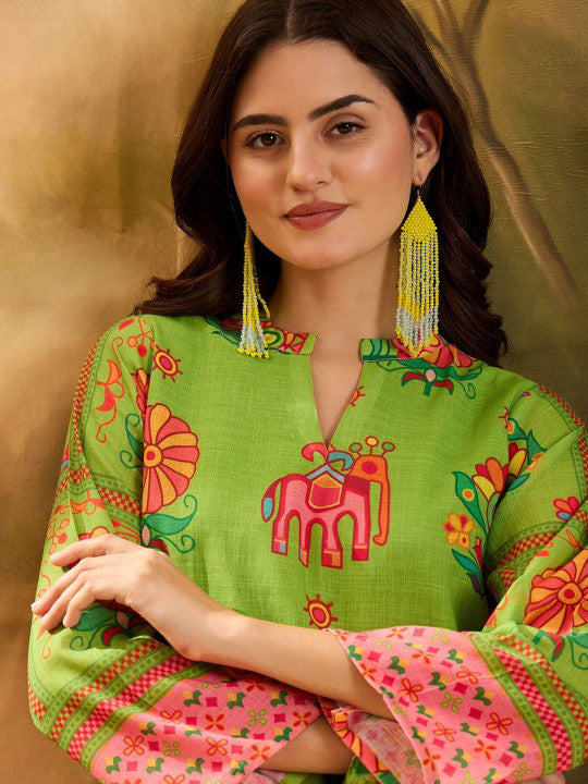 Lime Green Ethnic Motif Farshi Kurti Set