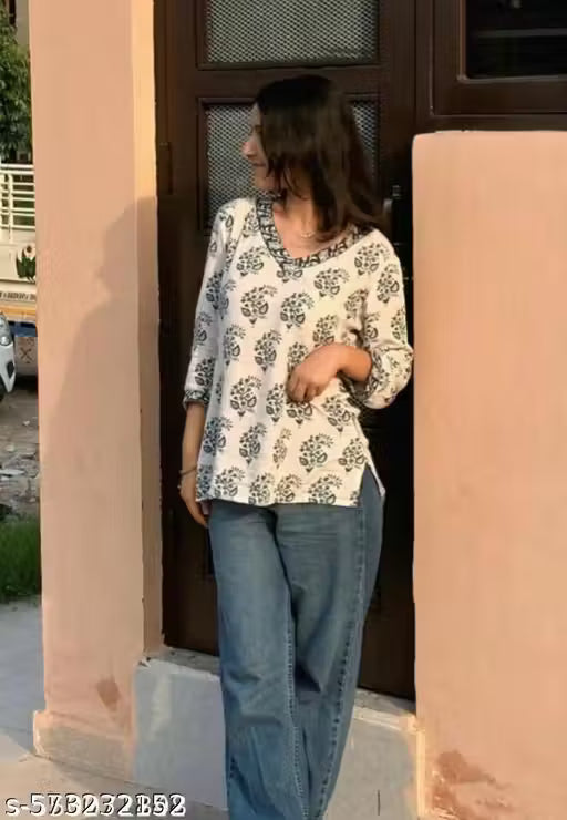 White Indigo Floral Buti Short Kurti