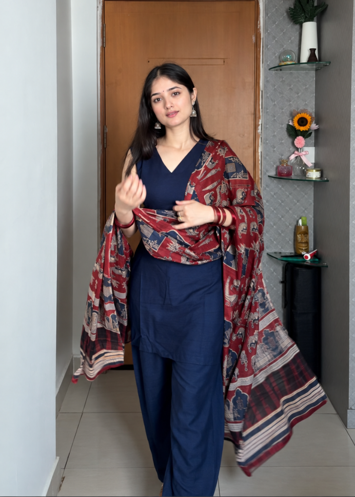 Navy Blue Cotton Blend Kurta Pant Set with Printed Dupatta