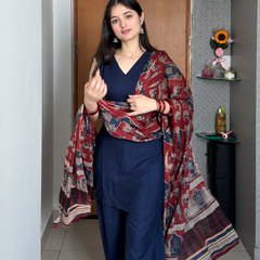 Navy Blue Cotton Blend Kurta Pant Set with Printed Dupatta