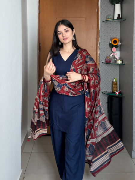 Navy Blue Cotton Blend Kurta Pant Set with Printed Dupatta