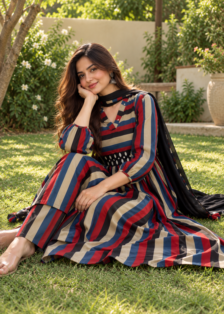 Women’s Multicolor Striped Cotton Cambric Anarkali Kurta Set with Pants & Black Dupatta