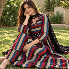 Women’s Multicolor Striped Cotton Cambric Anarkali Kurta Set with Pants & Black Dupatta