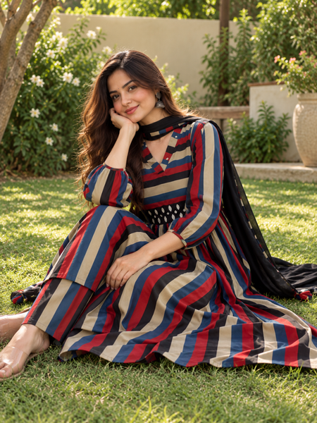 Women’s Multicolor Striped Cotton Cambric Anarkali Kurta Set with Pants & Black Dupatta