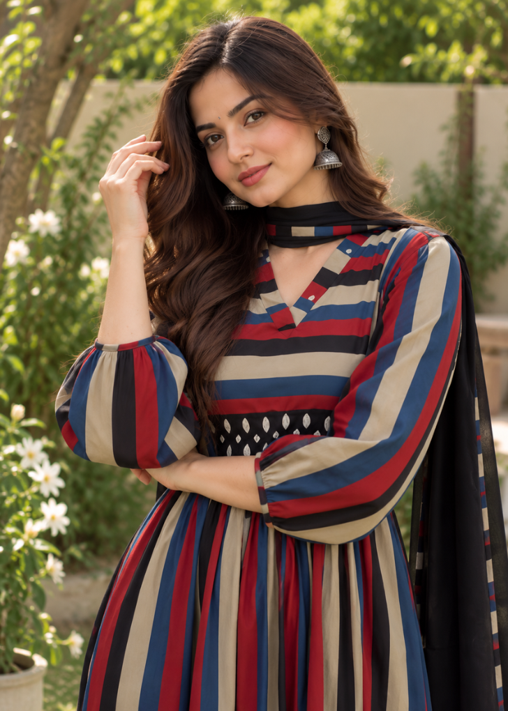 Women’s Multicolor Striped Cotton Cambric Anarkali Kurta Set with Pants & Black Dupatta