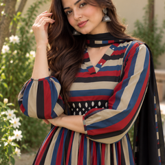 Women’s Multicolor Striped Cotton Cambric Anarkali Kurta Set with Pants & Black Dupatta
