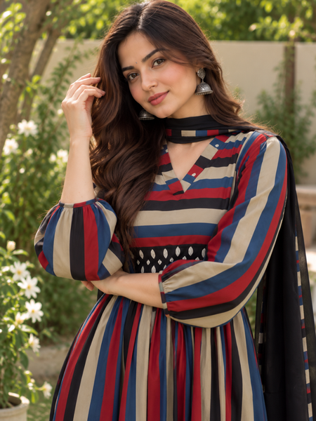 Women’s Multicolor Striped Cotton Cambric Anarkali Kurta Set with Pants & Black Dupatta