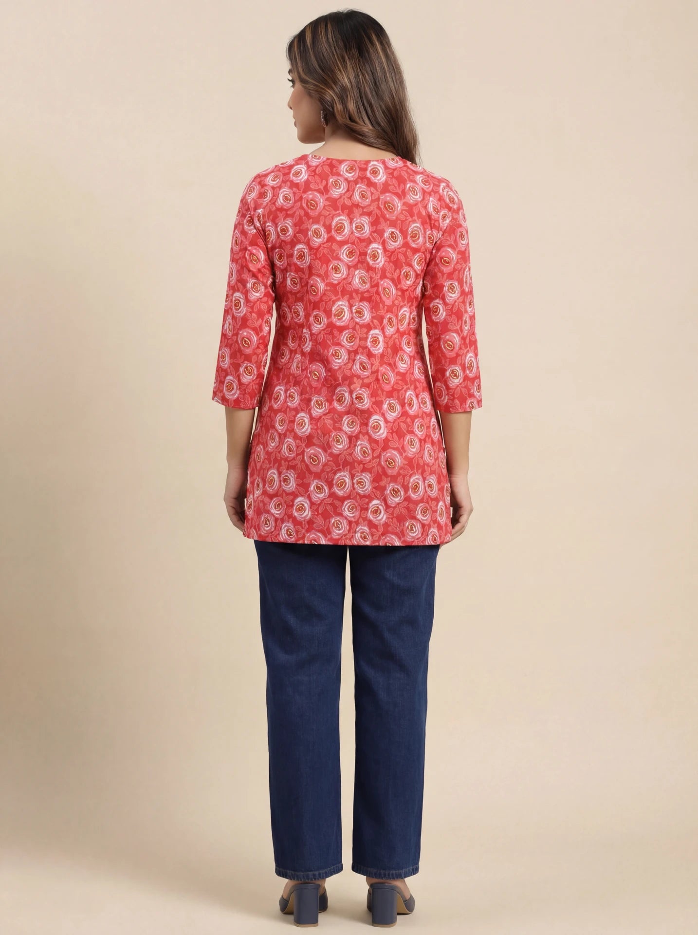 Coral Floral Swirl Short Kurti
