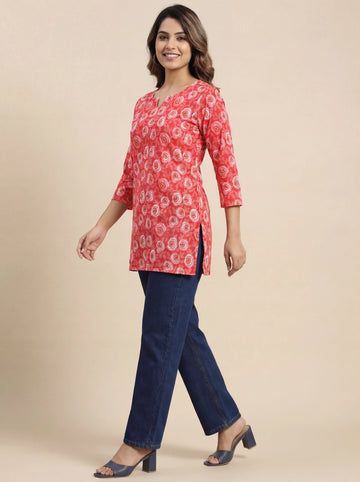 Coral Floral Swirl Short Kurti