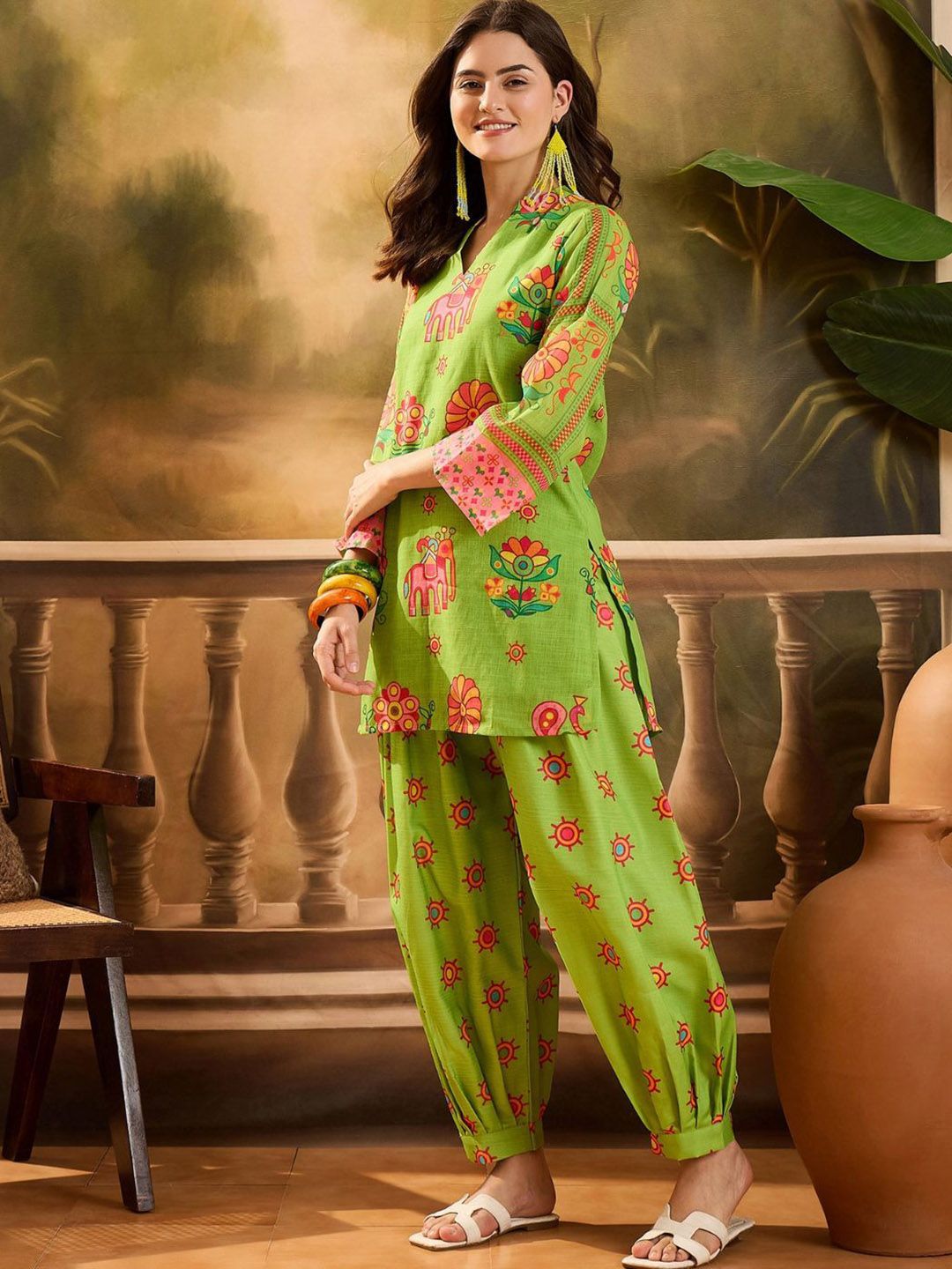 Lime Green Ethnic Motif Farshi Kurti Set