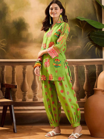 Lime Green Ethnic Motif Farshi Kurti Set