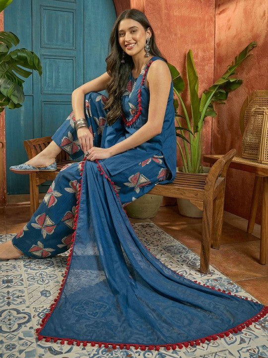 Blue Floral Cotton Palazzo Set