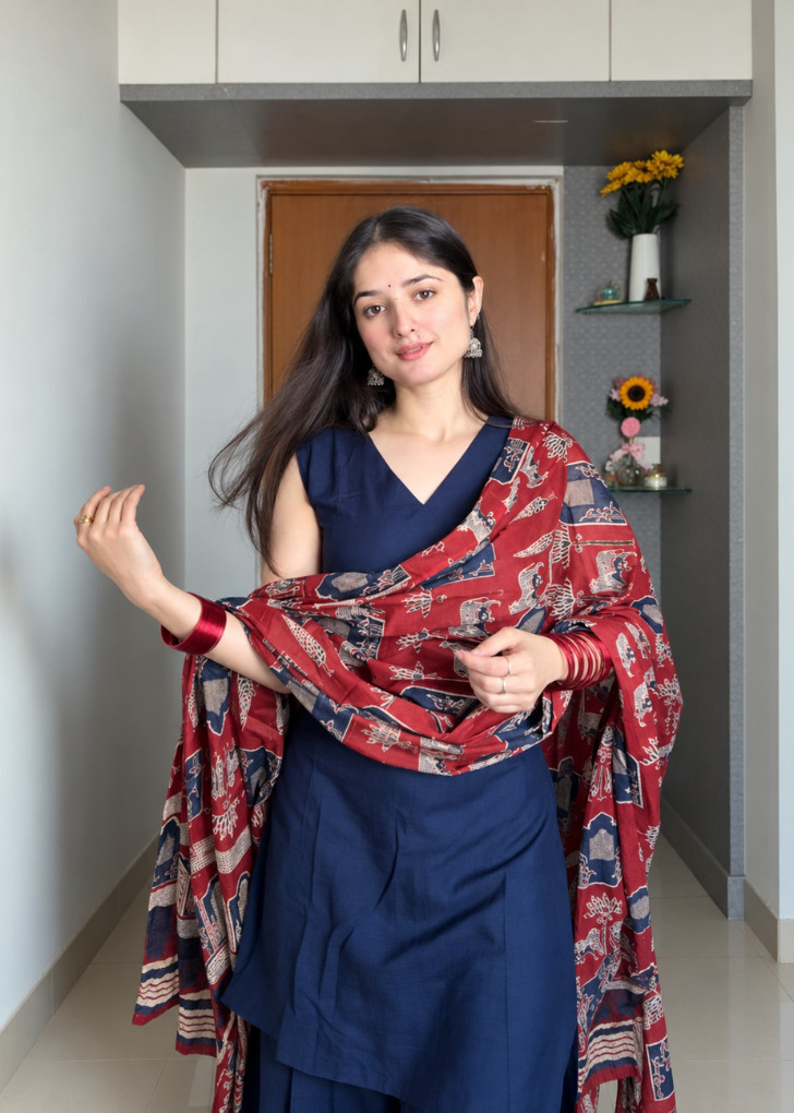 Navy Blue Cotton Blend Kurta Pant Set with Printed Dupatta