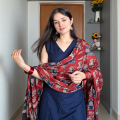 Navy Blue Cotton Blend Kurta Pant Set with Printed Dupatta
