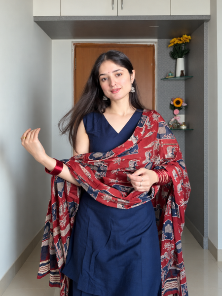 Navy Blue Cotton Blend Kurta Pant Set with Printed Dupatta