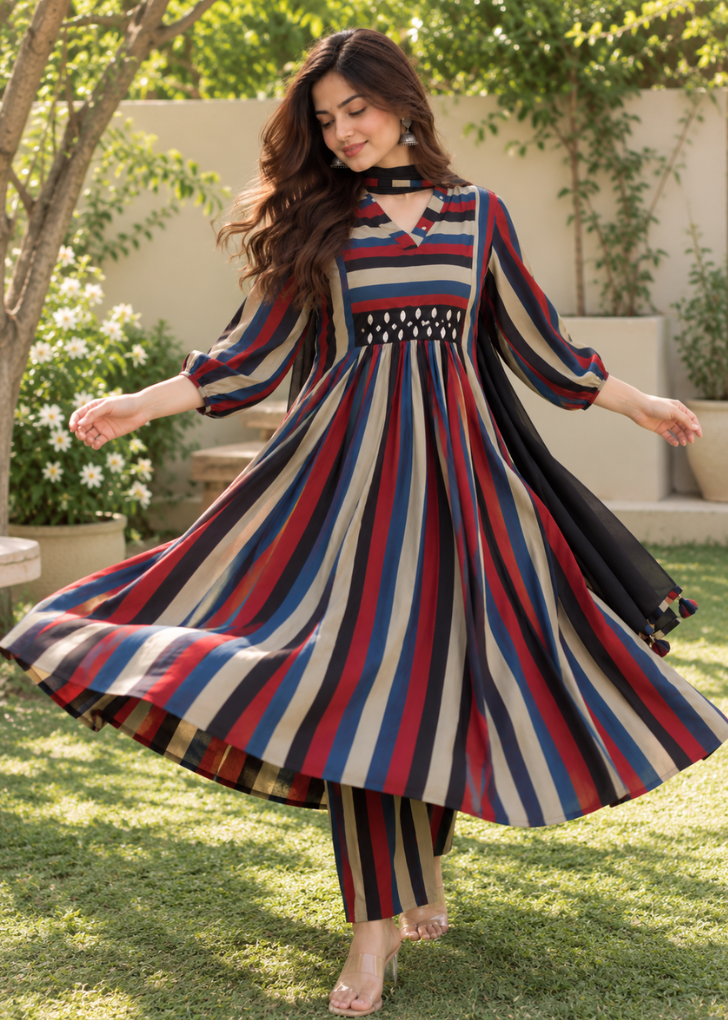 Women’s Multicolor Striped Cotton Cambric Anarkali Kurta Set with Pants & Black Dupatta
