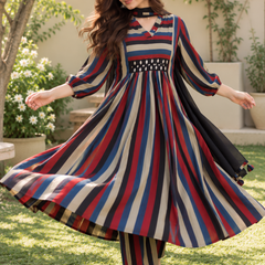 Women’s Multicolor Striped Cotton Cambric Anarkali Kurta Set with Pants & Black Dupatta