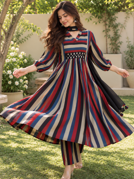 Women’s Multicolor Striped Cotton Cambric Anarkali Kurta Set with Pants & Black Dupatta