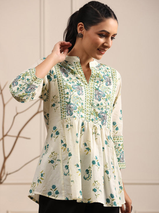 Sage Floral Mandarin Short Kurti