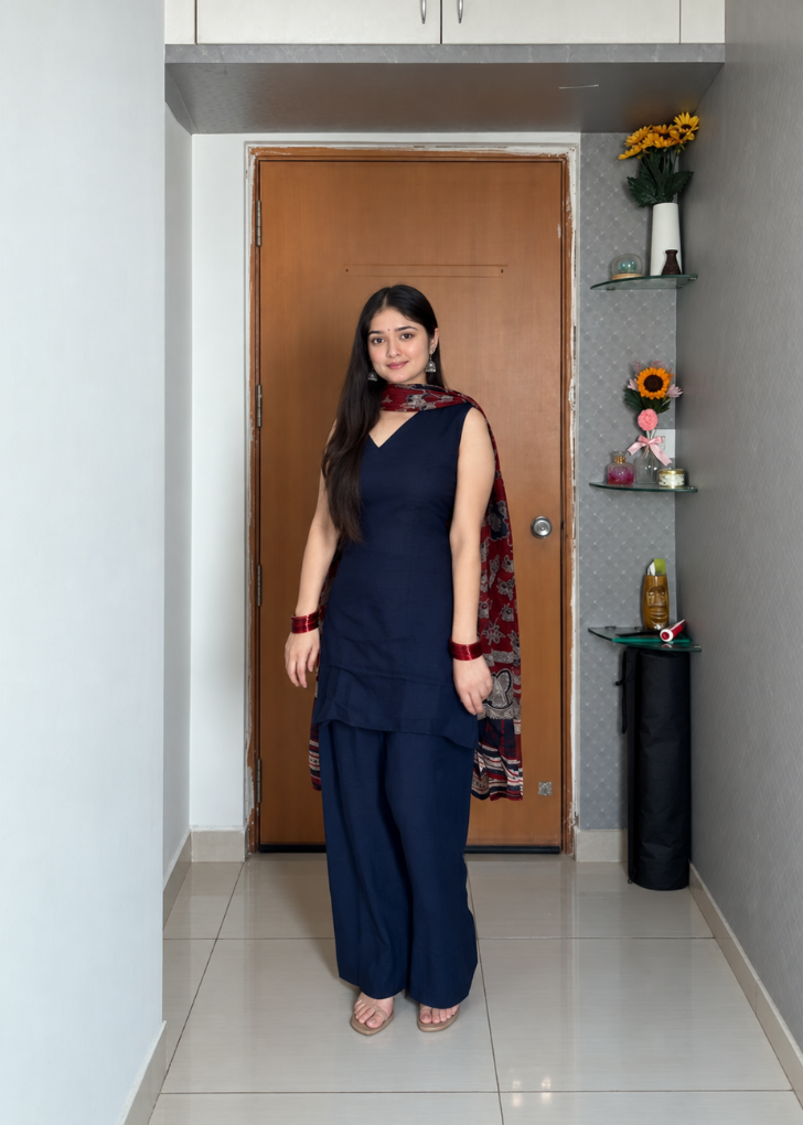 Navy Blue Cotton Blend Kurta Pant Set with Printed Dupatta