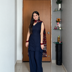 Navy Blue Cotton Blend Kurta Pant Set with Printed Dupatta