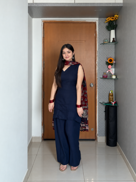 Navy Blue Cotton Blend Kurta Pant Set with Printed Dupatta