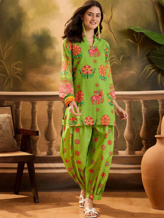 Lime Green Ethnic Motif Farshi Kurti Set