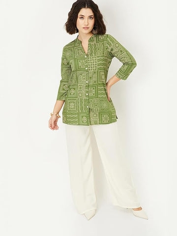 Olive Geometric Floral Patchwork Short Kurti