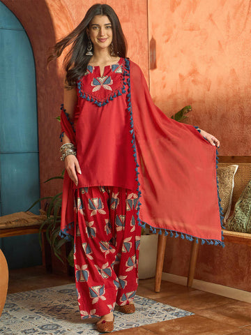 Red Floral Cotton Kurta Set with Farshi Salwar