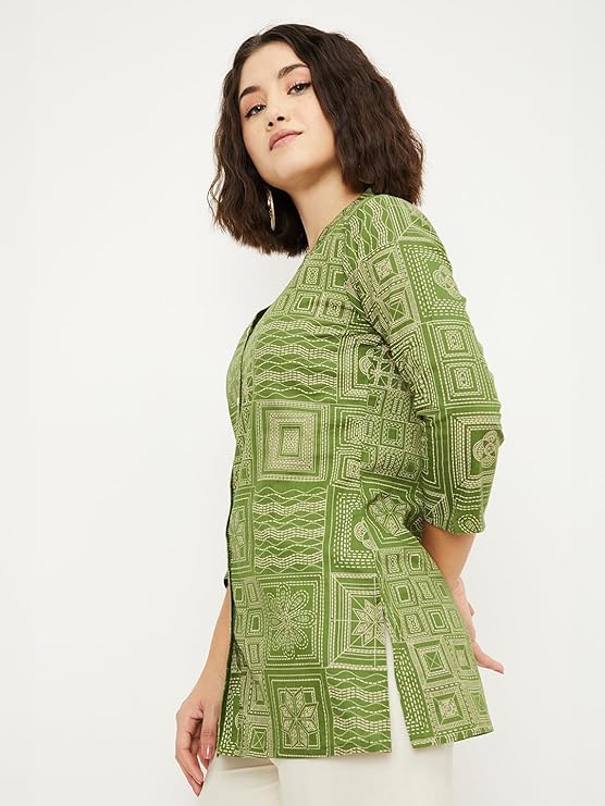 Olive Geometric Floral Patchwork Short Kurti