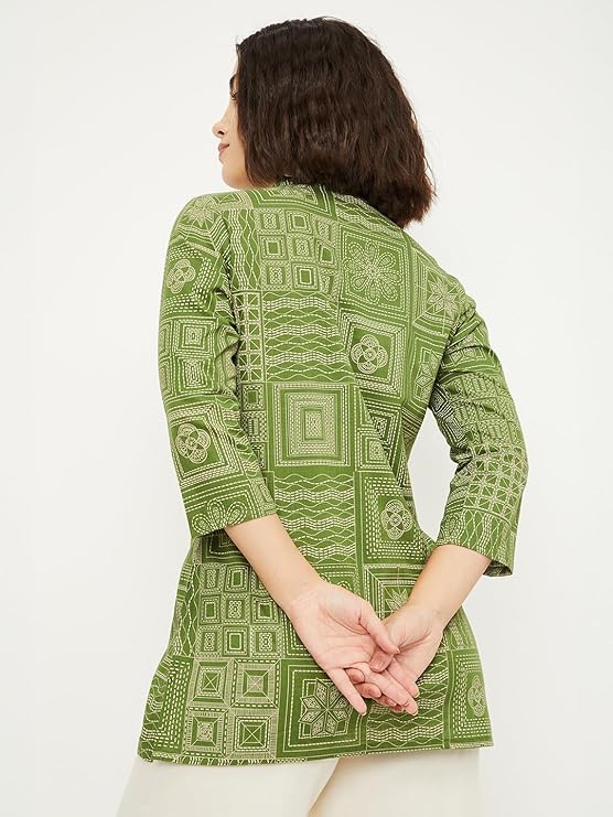 Olive Geometric Floral Patchwork Short Kurti