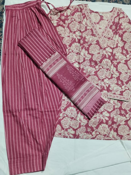 Rose Pink Floral Cotton Farshi Kurta Set With Dupatta | DJ06