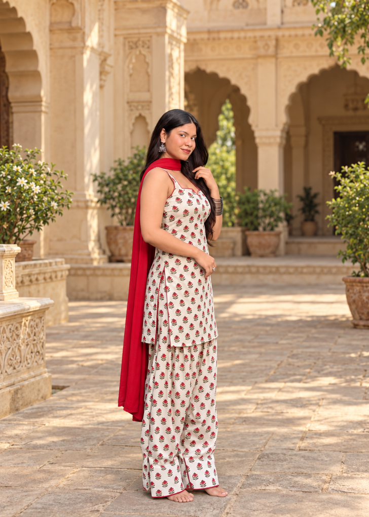 Ivory Floral Printed Kurta Palazzo Set with Red Dupatta