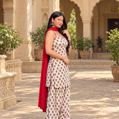 Ivory Floral Printed Kurta Palazzo Set with Red Dupatta