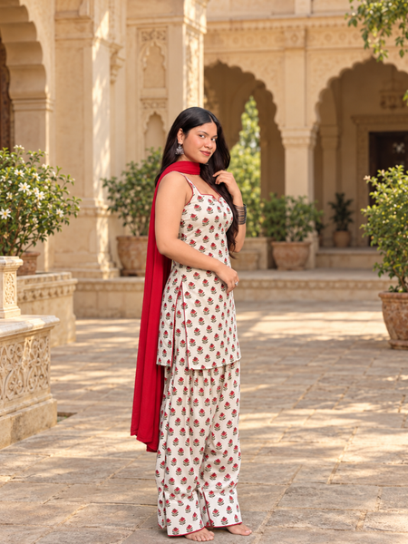 Ivory Floral Printed Kurta Palazzo Set with Red Dupatta