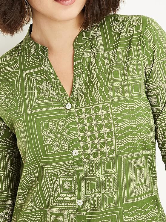 Olive Geometric Floral Patchwork Short Kurti