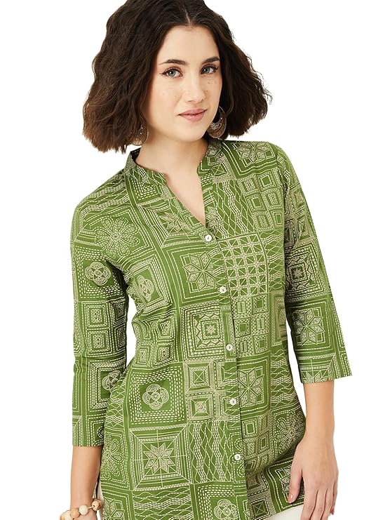 Olive Geometric Floral Patchwork Short Kurti