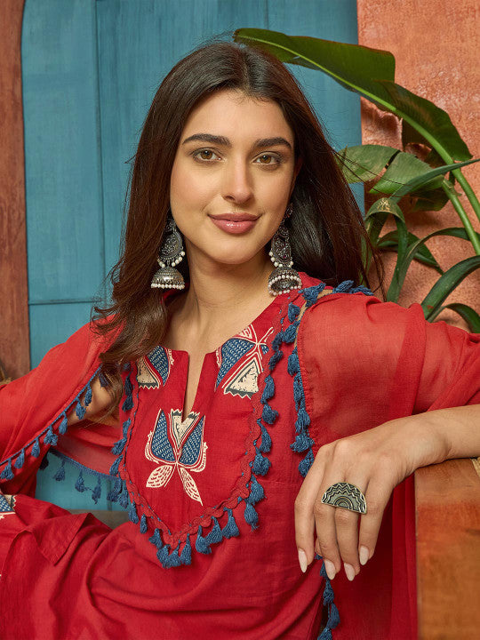 Red Floral Cotton Kurta Set with Farshi Salwar