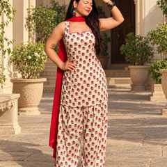 Ivory Floral Printed Kurta Palazzo Set with Red Dupatta