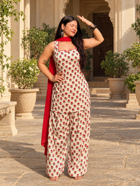 Ivory Floral Printed Kurta Palazzo Set with Red Dupatta